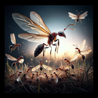 DALL·E 2023 10 15 17.05.54 In this square composition a winged ant queen stands poised to take off from the grass as several queens in the background prepare for the same. The