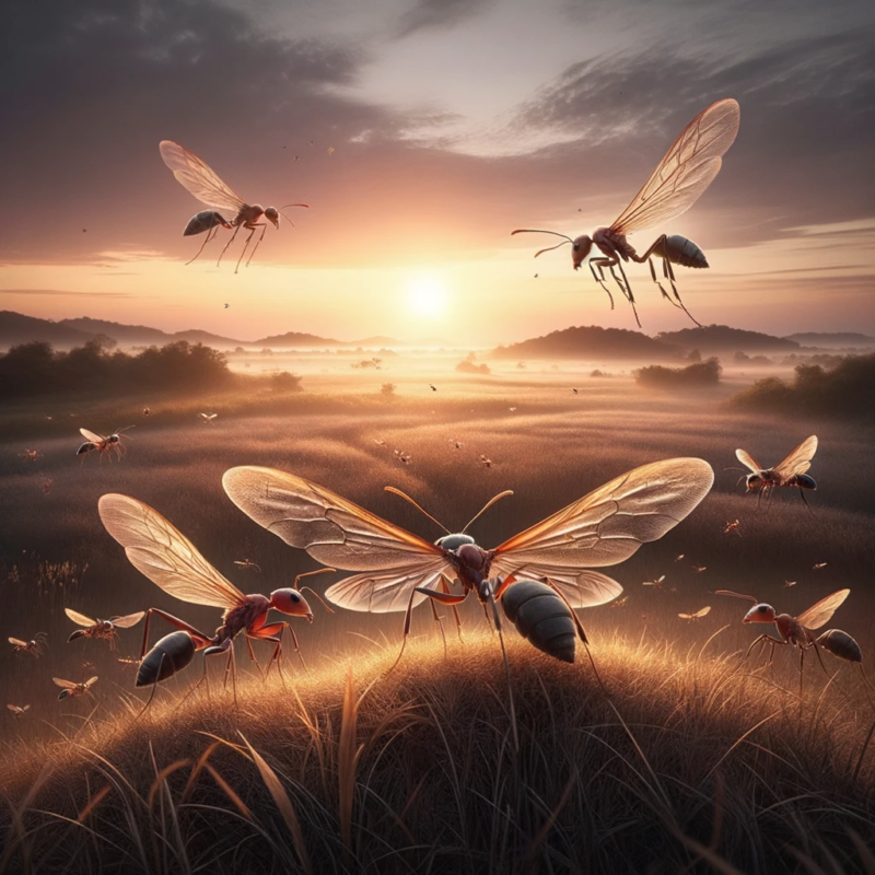 DALL·E 2023 10 15 17.06.04 Evening scene in a square format showcasing a winged ant queen on the verge of taking flight from a grassland. In the distance several other queens e