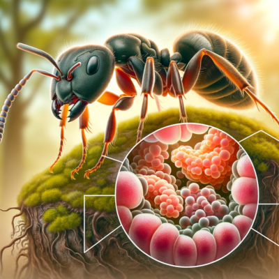 DALL·E 2023 12 15 21.40.19 An illustration showing a close up of a carpenter ant with visible Blochmannia bacteria within its body highlighting the symbiotic relationship. The