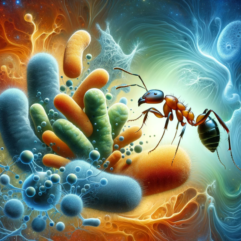 DALL·E 2023 12 15 21.52.57 An artistic representation of the symbiotic relationship between Blochmannia bacteria and carpenter ants. The image should depict Blochmannia bacteria