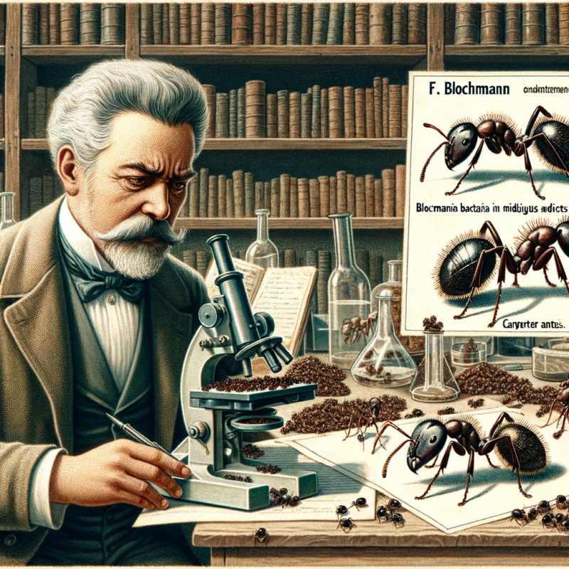 DALL·E 2023 12 15 21.53.06 An illustration depicting F. Blochmann a 19th century German zoologist discovering Blochmannia bacteria in the ovaries and midguts of carpenter ants